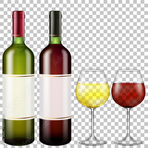 bottles of red and white wine and glasses wine on transparent background