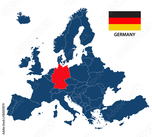 Vector illustration of a map of Europe with highlighted Germany and German flag isolated on a white background