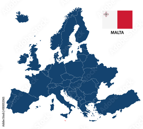 Vector illustration of a map of Europe with highlighted Malta and Maltese flag isolated on a white background