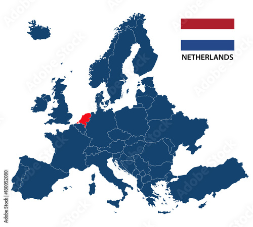 Vector illustration of a map of Europe with highlighted Netherlands and Dutch flag isolated on a white background
