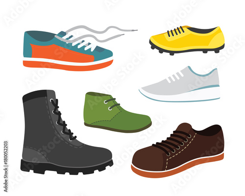 Male man season shoes in flat style. Men boots isolated set vector illustration