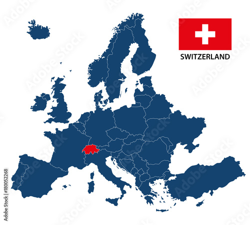 Vector illustration of a map of Europe with highlighted Switzerland and Swiss flag isolated on a white background