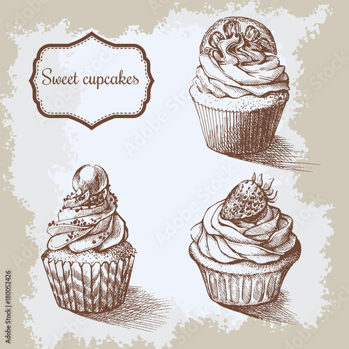 Vector vintage background. Hand drawn sweet cupcakes with lemon. strawberry and pearl. Set for greeting card, postcard or adult coloring book. Cute food illustration.