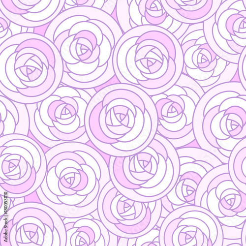 Vector seamless pattern with outline decorative roses in romantic pink color. Beautiful floral background, stylish abstract flowers.