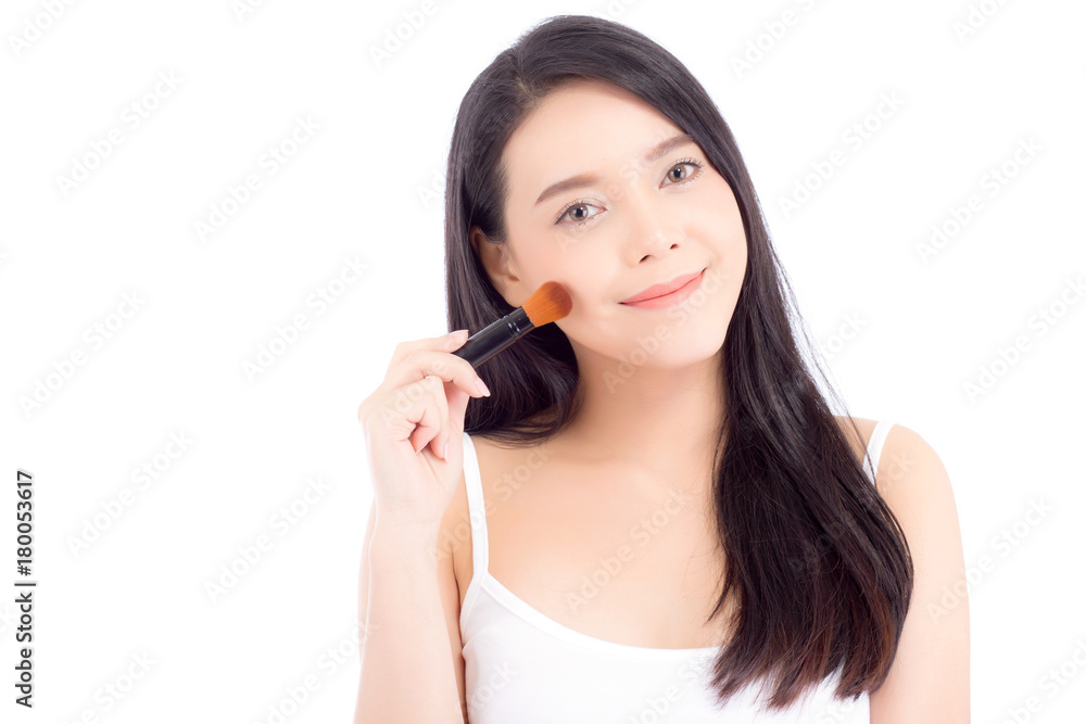 Beauty asian woman applying make up with brush of cheek isolated on white background, beautiful of girl holding blusher, skincare and cosmetic concept. Beauty asian woman applying make up with brush of cheek isolated on white background, beautiful of girl holding blusher, skincare and cosmetic concept.