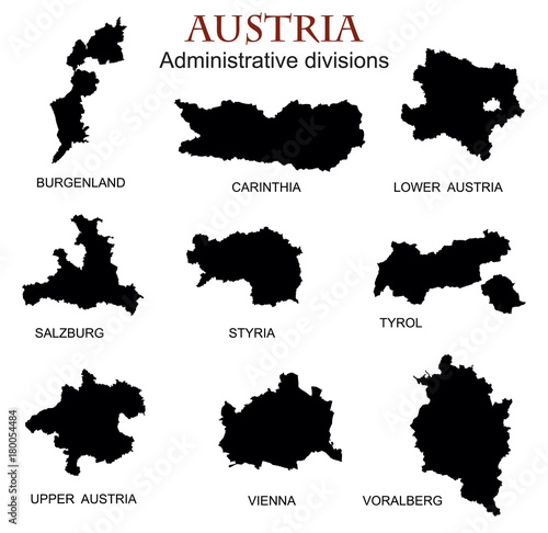 Silhouettes of the federal states of Austria, vector illustration. Austria map of federal states.