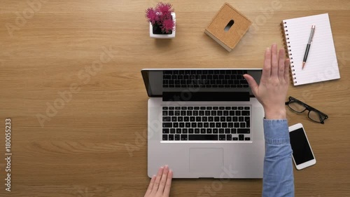 Overhead Top View Footage Of Woman Using Laptop At Desk