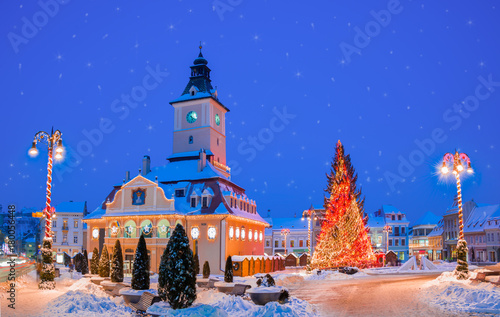 Beautiful Christmas scene with snow and tree in Brasov town, Transylvania, Romania