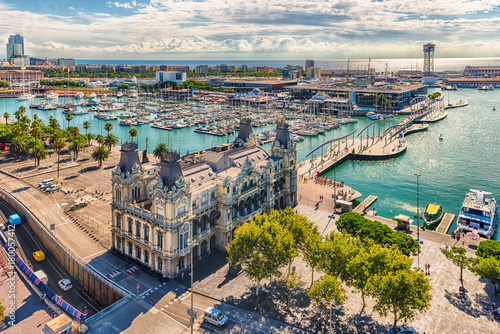 Aerial view of Port Vell, Barcelona, Catalonia, Spain photo