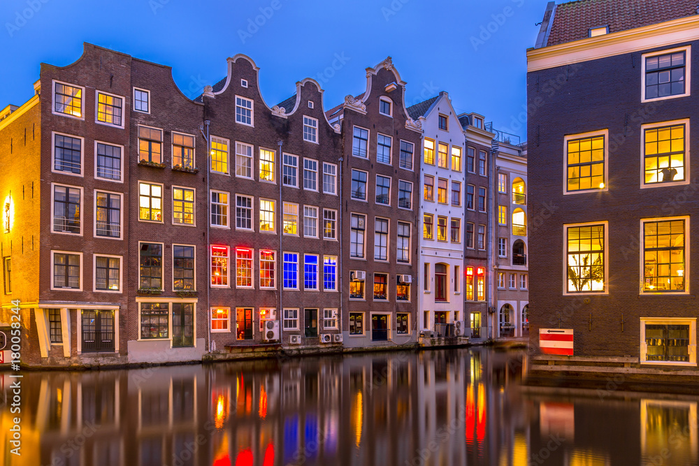 Night shot Canal houses at twilight Amsterdam