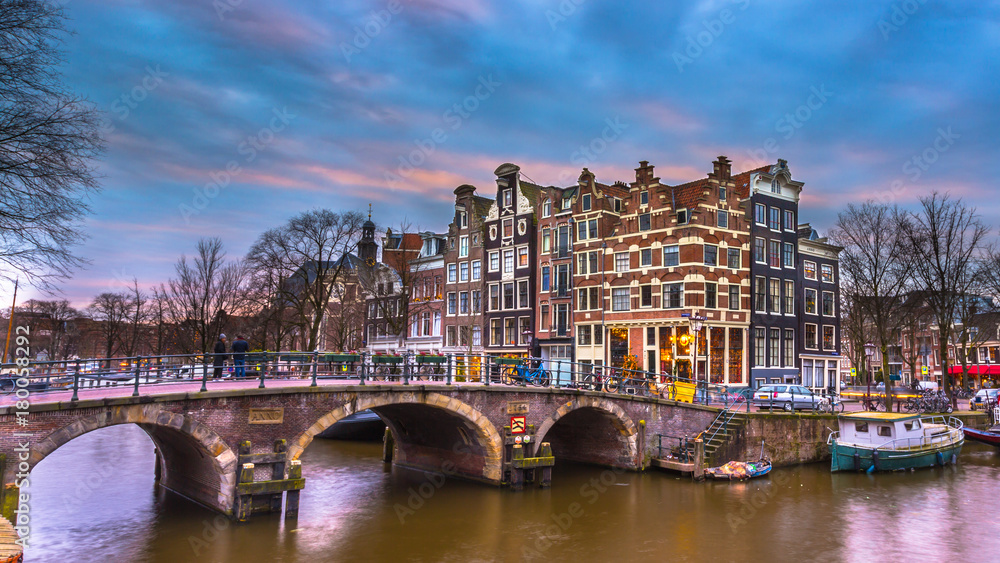 historic Canal houses sunset Amsterdam