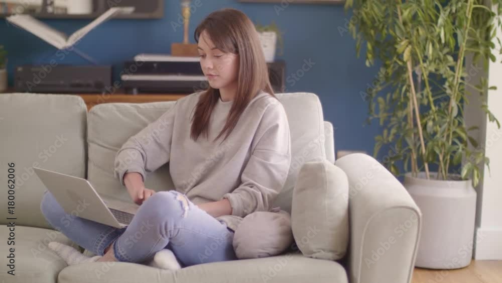 Young Female Blogger Using Laptop While Sitting On Sofa Young Female Blogger Using Laptop While Sitting On Sofa