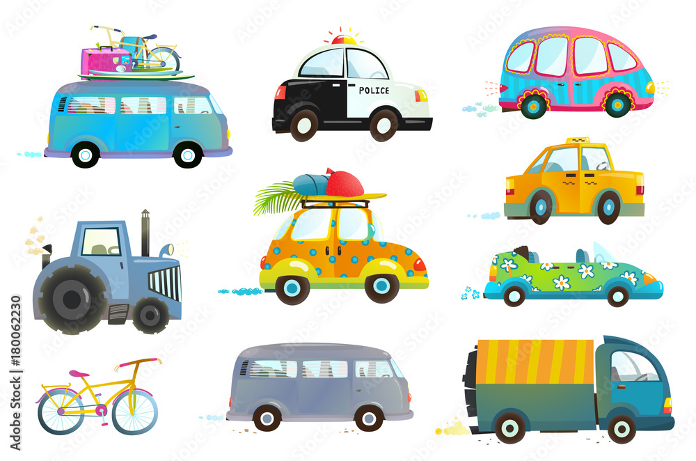 Fototapeta premium Transportation vehicles collection isolated objects. Vector illustration.