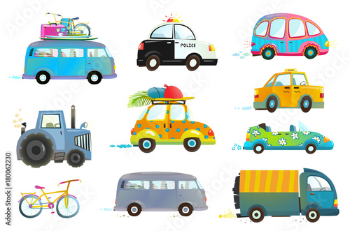 Transportation vehicles collection isolated objects. Vector illustration.
