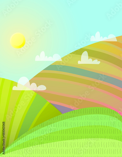 Countryside cartoon landscape with agriculture fields. Vector illustration.
