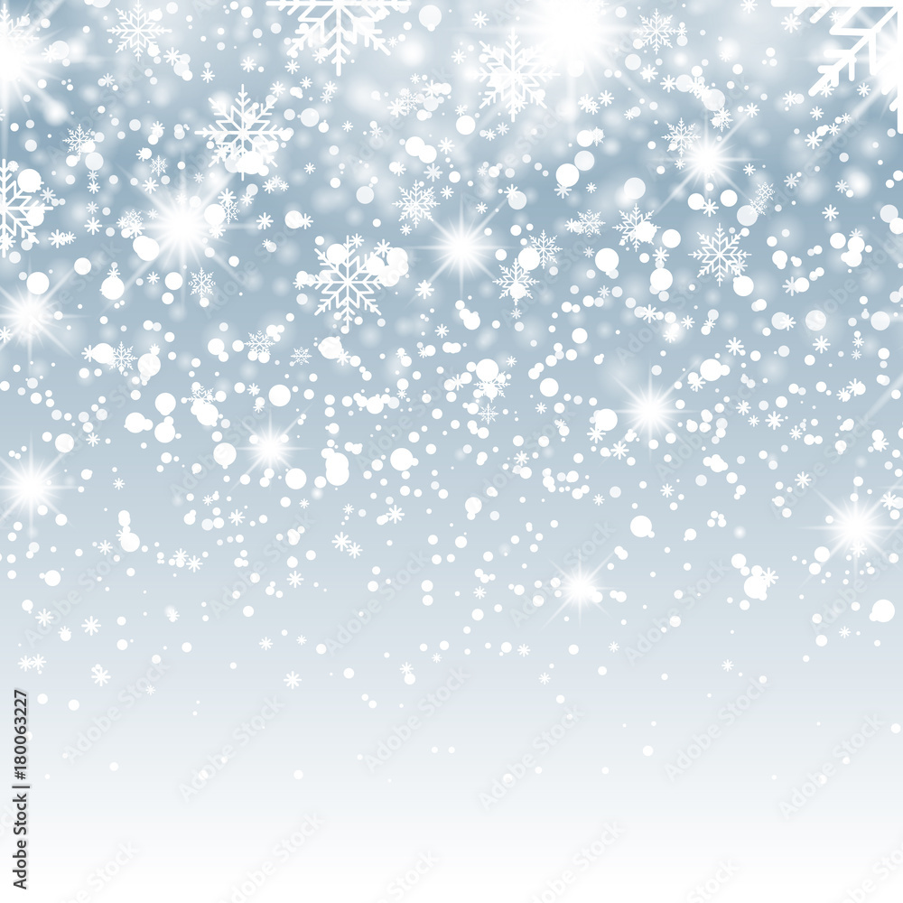 Falling shining snow or snowflakes on blue background for Christmas. Vector