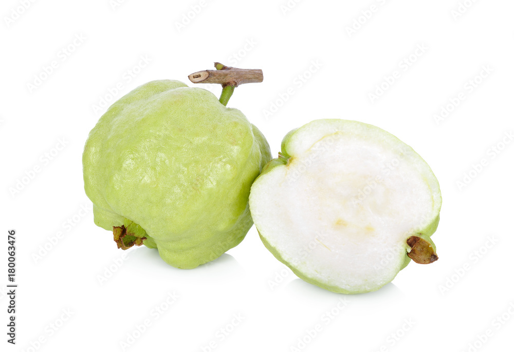 whole and half cut fresh guava with stem on white background whole and half cut fresh guava with stem on white background