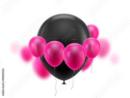 Black ball surrounded small pink. Huge soaring inflatable balloon surrounded by cloud of small pink ones. Vector illustration on white background