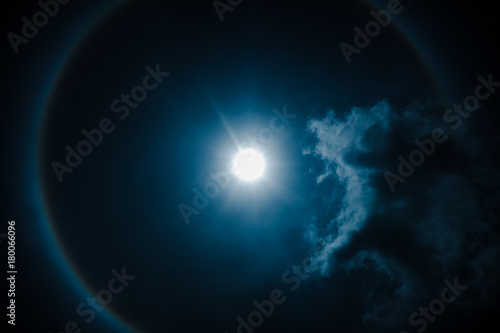 Moon halo phenomenon. Nighttime sky and bright full moon with shiny. © kdshutterman