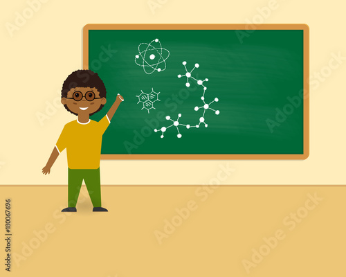 Learning concept with pupil near school board. Back to school.