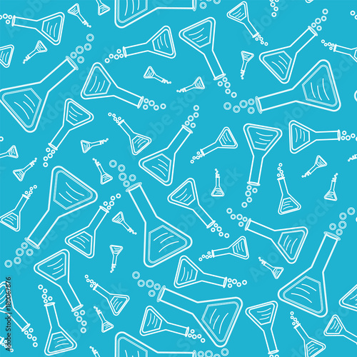 seamless pattern with laboratory equipment on a blue background. Can be used for paper print, wallpapers, web design or textile.