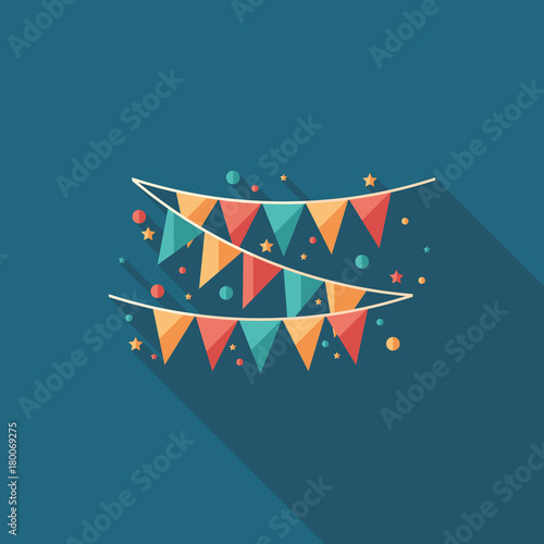 Christmas festive flags on ropes flat square icon with long shadows.