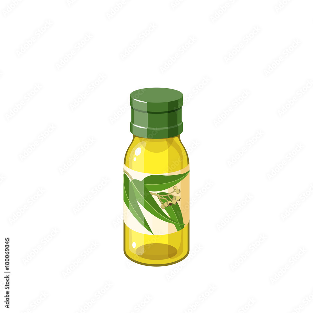 Bottle of eucalyptus essential oil. Vector illustration cartoon flat icon isolated on white. Bottle of eucalyptus essential oil. Vector illustration cartoon flat icon isolated on white.