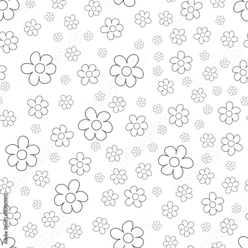 Black and White Ditsy Pattern with Small Flowers for Seamless Texture. Feminine Ornament for Textile, Fabric, Wallpaper.