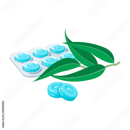 Cough drops. Sore throat remedy, package of blue lozenges, menthol and eucalyptus. Vector illustration cartoon flat icon isolated on white.