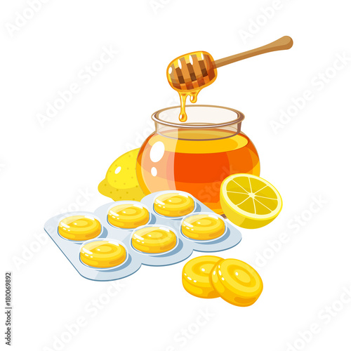 Cough drops. Sore throat remedy, package of yellow lozenges, lemon and honey. Vector illustration cartoon flat icon isolated on white.