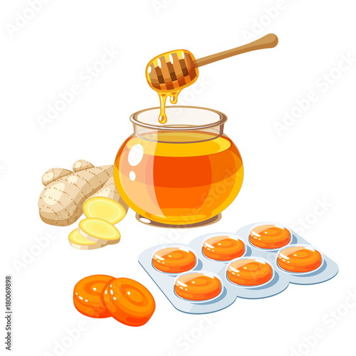 Cough drops. Sore throat remedy, package of orange lozenges, ginger and honey. Vector illustration cartoon flat icon isolated on white.