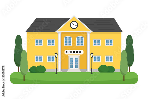School building with trees, shrubs and lampposts vector illustration. Can be used for web banner, backdrop. Layout template.
