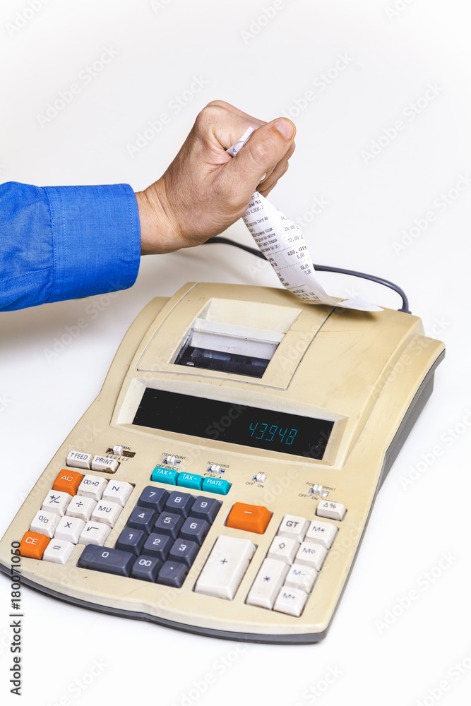hand crumples paper check over cash register on white background hand crumples paper check over cash register on white background