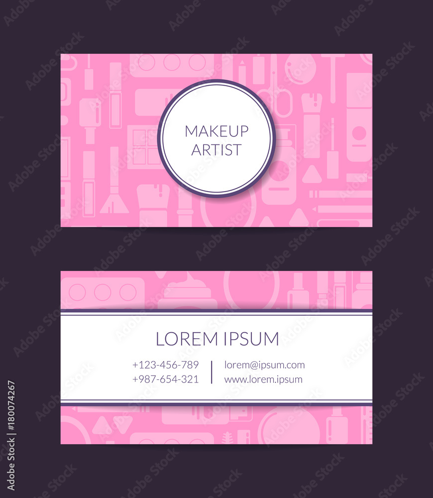 Vector business card template for beauty brand or makeup artist with flat style makeup and skincare