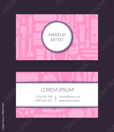 Vector business card template for beauty brand or makeup artist with flat style makeup and skincare