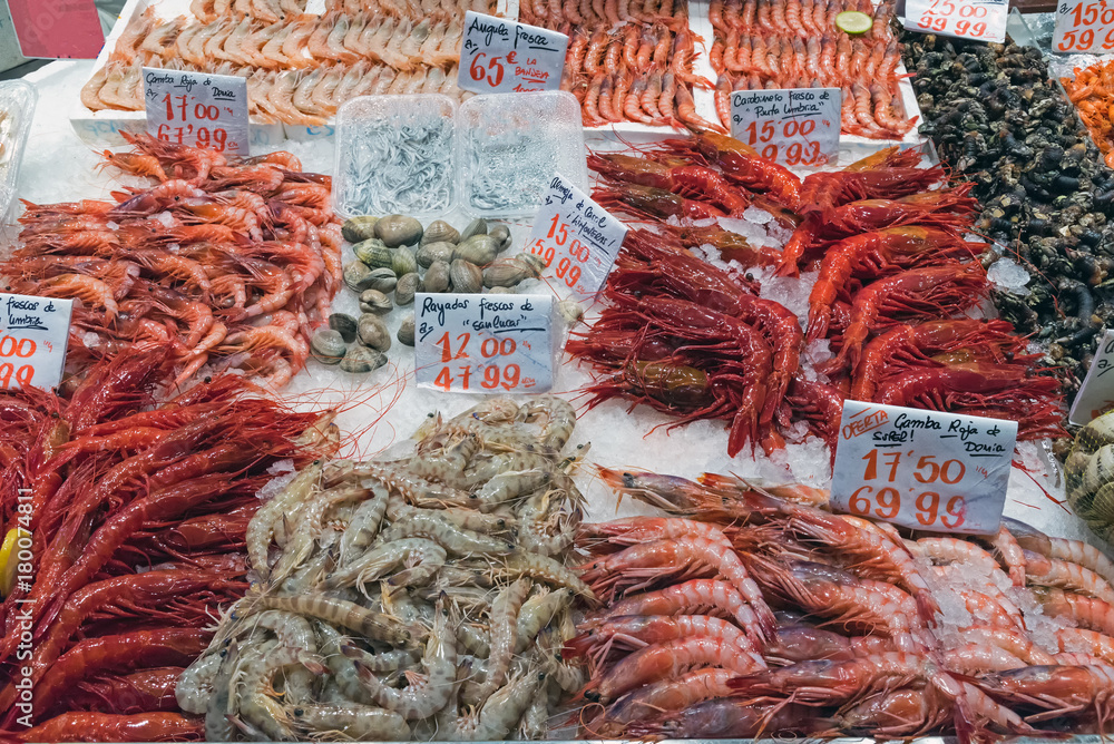 Different kinds of shrimps for sale at a market in Madrid, Spain Different kinds of shrimps for sale at a market in Madrid, Spain