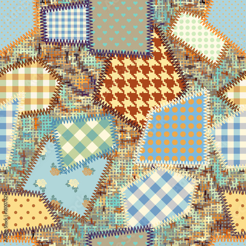 Seamless background pattern. Imitation of a retro patchwork pattern on a rough canvas fabric texture.