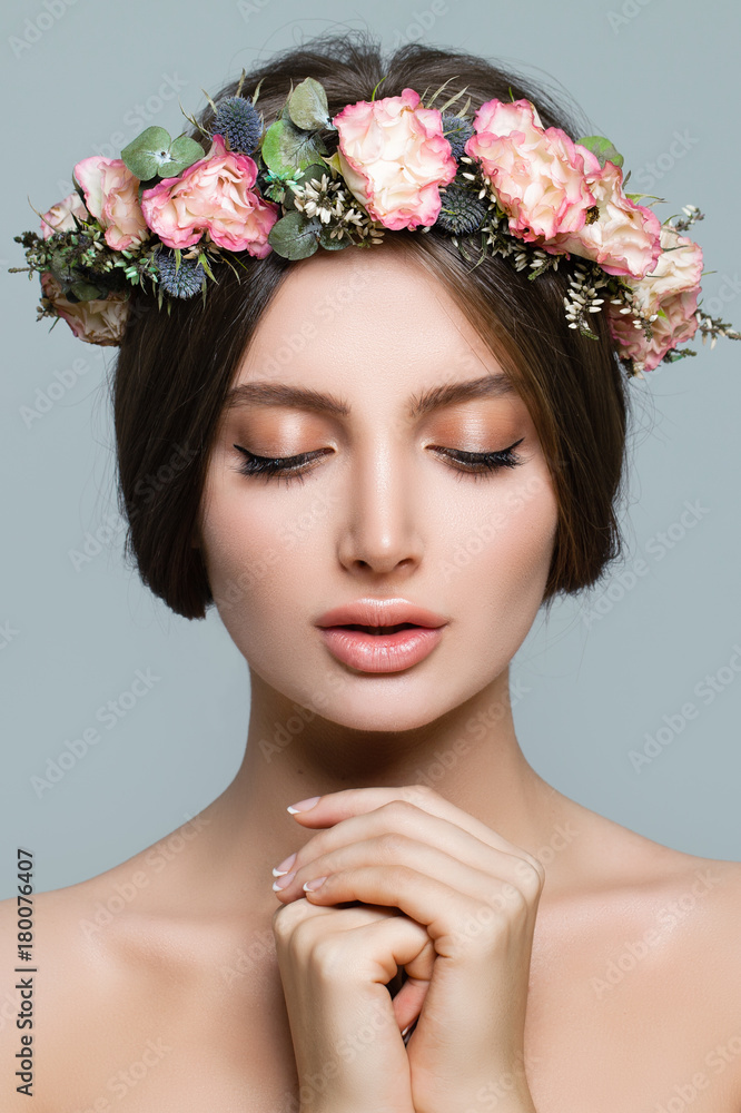 Healthy Woman Spa Model with Spring Flowers and Fresh Skin, Young Female Face Closeup