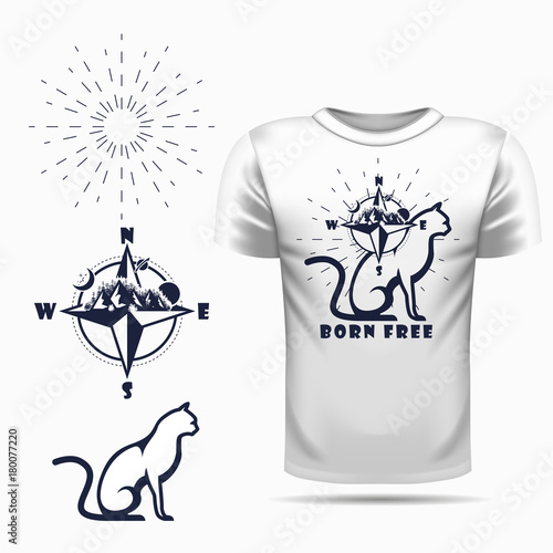 Canvas Print t-shirt design with Vector cat silhouette view side and compass