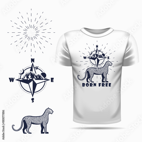 t-shirt design with Vector leopard silhouette view side and compass