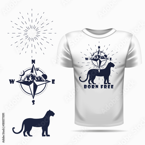 t-shirt design with Vector leopard silhouette view side and compass