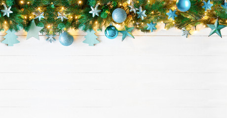 Turquoise Christmas Banner, White Wood, Copy Space