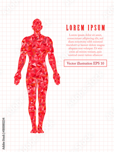 Red standing man, full length. Polygonal vector illustration.