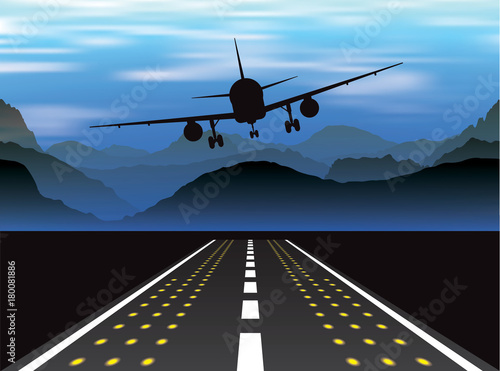 An airplane taking off at sunset in the mountains. Vector illustration