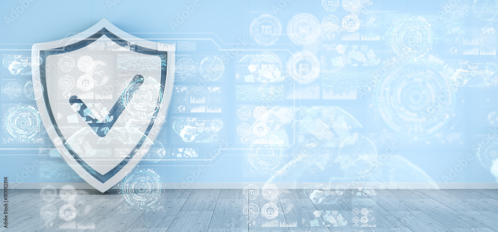 Fototapeta premium Shield icons in interior with web interface 3D rendering