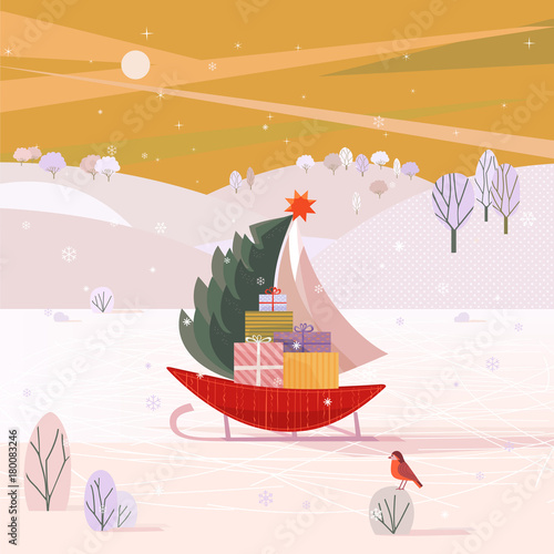 Christmas sailboat on sleigh with fir tree, gifts present boxes sliding on frozen river in snowy mountain valley. Colorful cartoon. Design for winter holiday season new year event. Vector illustration