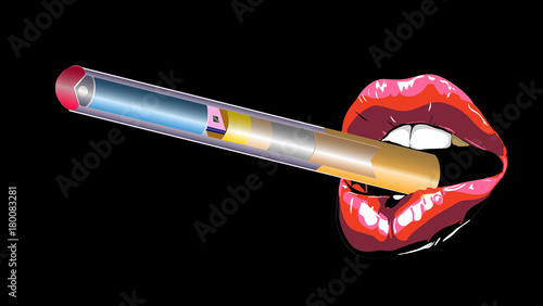  Lips cigarette. Sexy biting red lips. Abstract lipstick in the open mouth with electron cigarette. Vector-  illustration. 