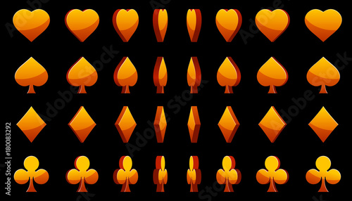 Orange 3D symbols poker cards, vector animation game rotation