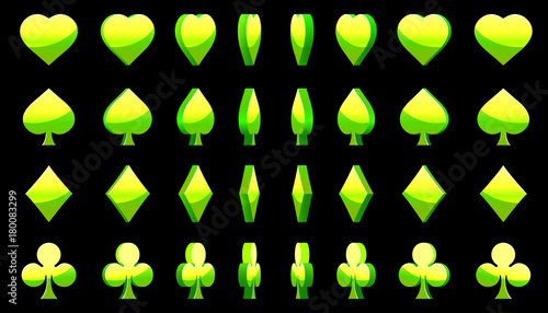 Green 3D symbols poker cards, vector animation game rotation