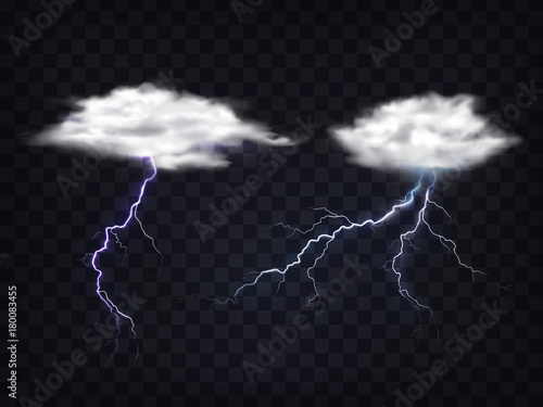 Set of vector illustrations of transparent white clouds with a charge of lightning in a realistic style. Template, element for design.